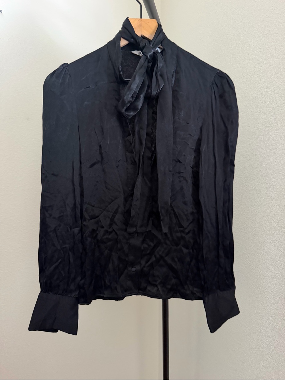 Zara Black Satin Tie-Neck Blouse - Picture 2 of 4